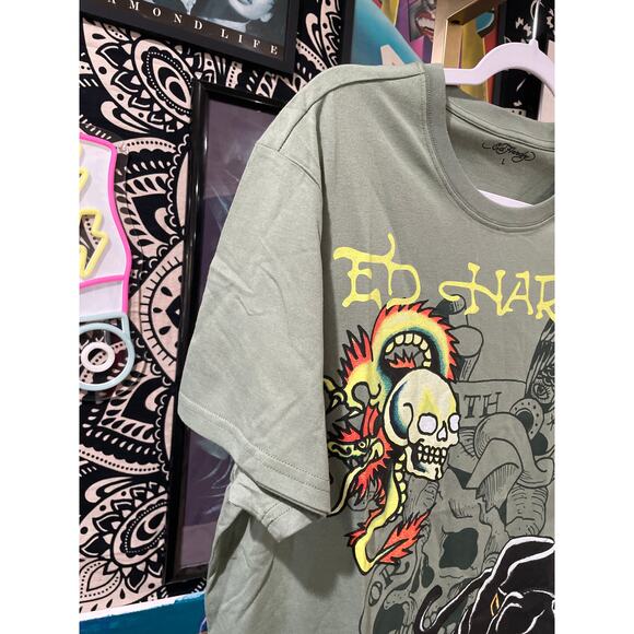Ed Hardy Y2K Streetwear Dragon Panther Tattoo Short Sleeve Tee Olive Large - Picture 3 of 7